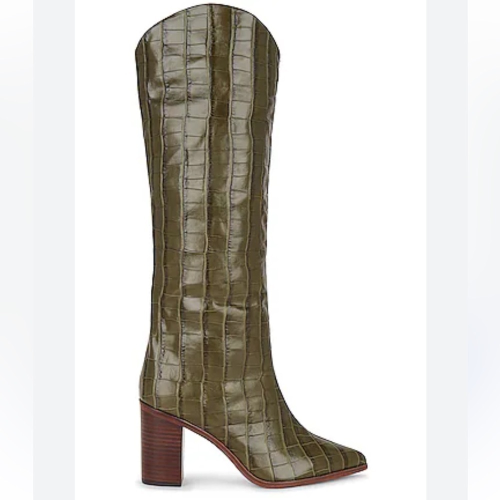 NEW Schutz Maryana Dark Green Leather Croc Block Knee High Boots Size 5.5 - Picture 1 of 12
